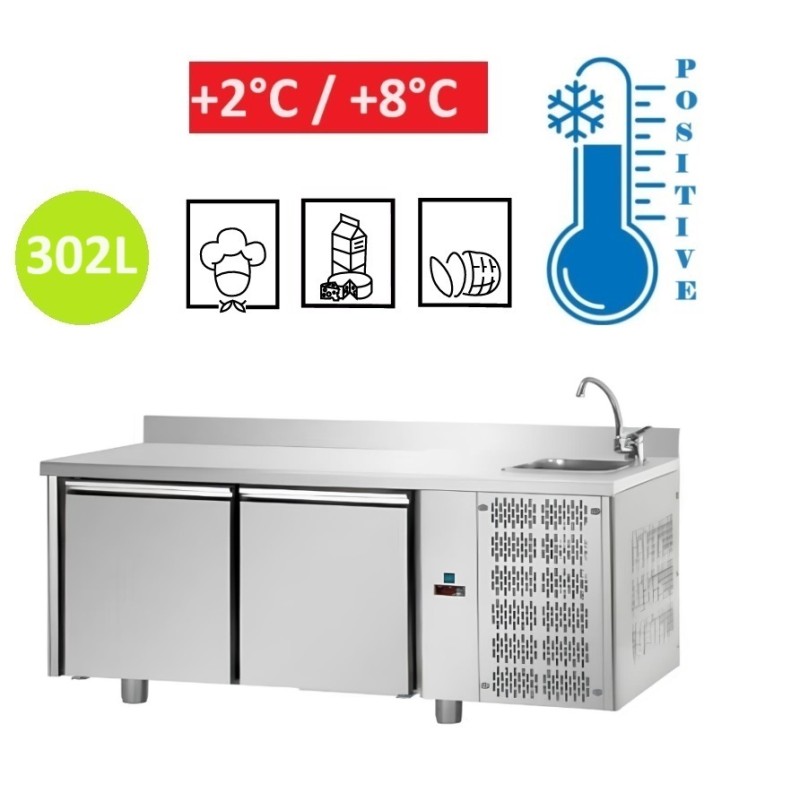 Table réfrigérée 2 portes avec évier et dosseret Tecnodom