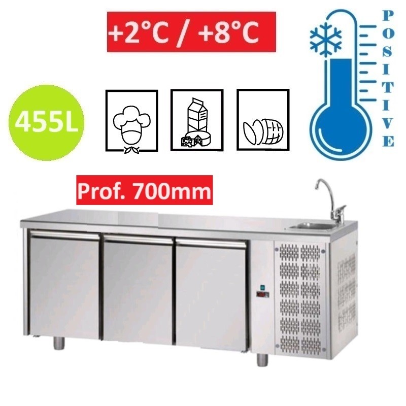 Table réfrigérée positive INOX 3 portes GN 1/1 avec évier Tecnodom