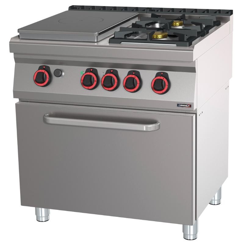 Fourneau gaz 2 feux + 1 plaque coup de feu avec four électrique GN 2/1 HP 80 CASSELIN